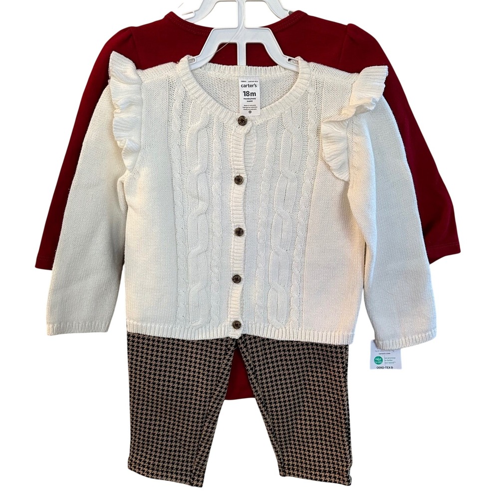 NEW Carters Baby Girls 18m Holly Bodysuit White Cable Knit Sweater 3 piece set